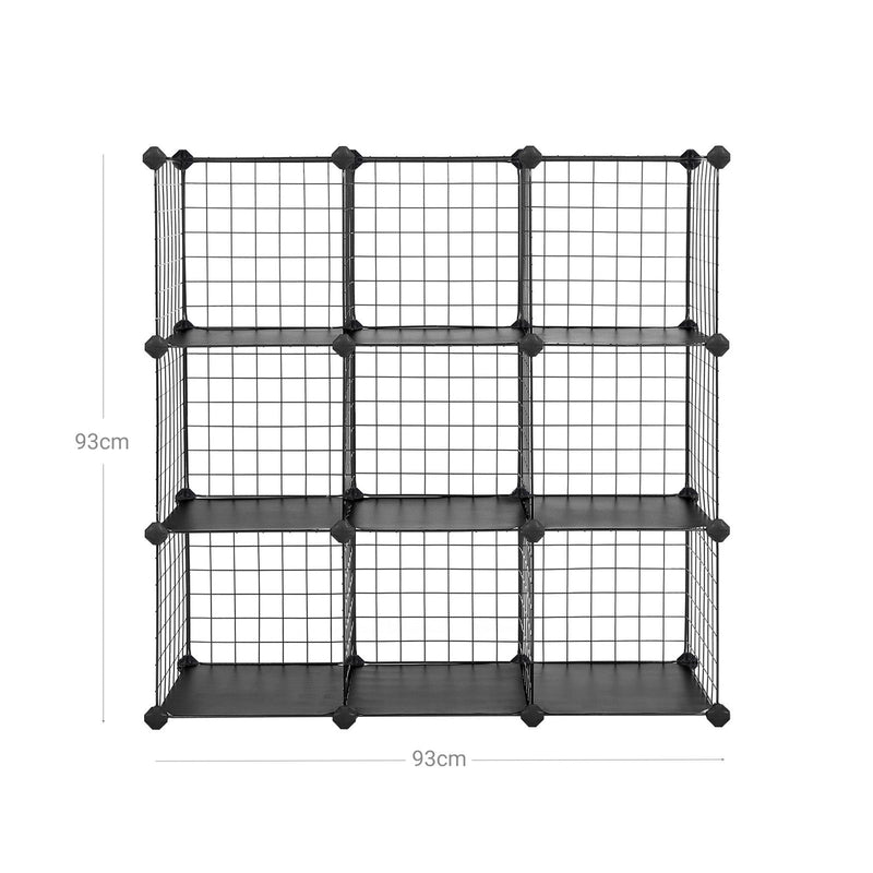 Suport de depozitare cu 9 cuburi din metal si sarma, Unitate de rafturi interconectate cu rafturi din sarma metalica si placi de plastic PP pentru carti, incaltaminte, jucarii, haine, unelte, in sufragerie, 93 x 31 x 93 cm, Negru SONGMICS