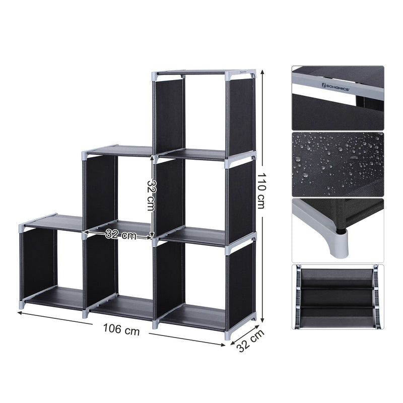 Raft cu 6 cuburi, Raft de depozitare DIY cu 6 cutii de depozitare, Organizator multifunctional cu design modular, Cadru din metal rezistent, Include ciocan din cauciuc, 105 x 30 x 105 cm, Negru LSN66BK SONGMICS