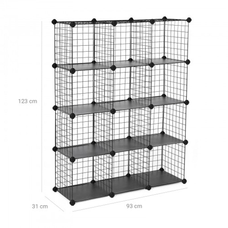 Suport de depozitare cu 12 cuburi, Unitate de rafturi cu plasa metalica si placi de plastic PP, pentru carti, incaltaminte, jucarii, haine, unelte, in sufragerie sau baie, Negru SONGMICS