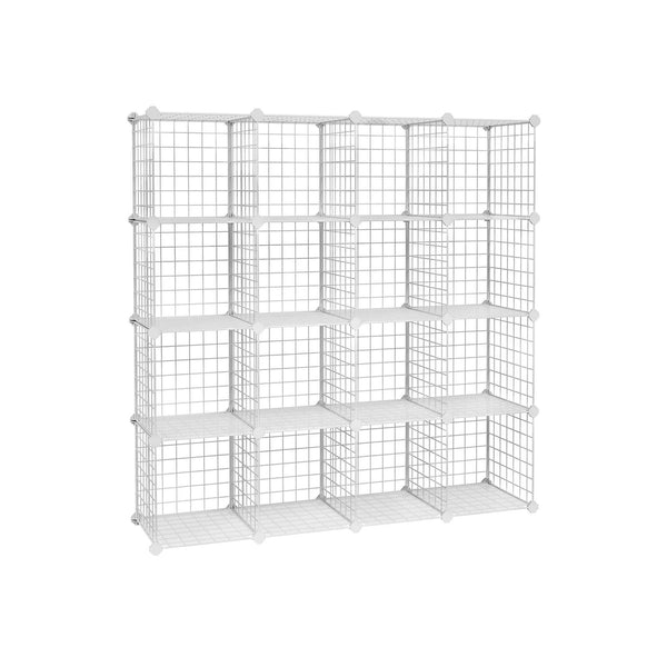 Organizator de depozitare metalic cu 16 cuburi, Dulap modular DIY si grile de rafturi din sarma, rafturi din plasa metalica si suport, Alb SONGMICS