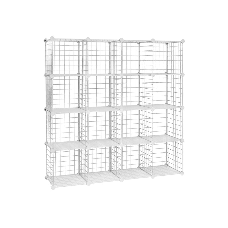 Organizator de depozitare metalic cu 16 cuburi, Dulap modular DIY si grile de rafturi din sarma, rafturi din plasa metalica si suport, Alb SONGMICS