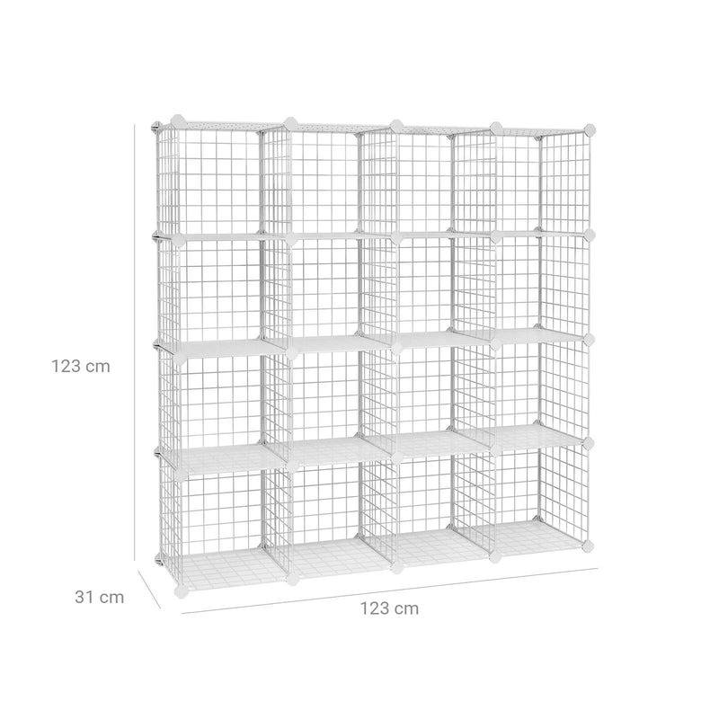 Organizator de depozitare metalic cu 16 cuburi, Dulap modular DIY si grile de rafturi din sarma, rafturi din plasa metalica si suport, Alb SONGMICS