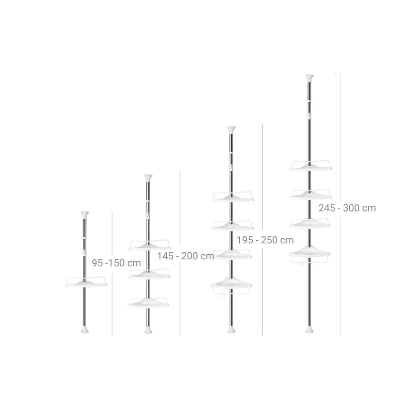 Raft de colt ajustabil pentru baie , suport pentru dus telescopic, 95-300 cm, de la podea la tavan, cu cadru din otel inoxidabil, 4 tavi, 3 carlige, 1 bara pentru prosoape, alb si argintiu SONGMICS