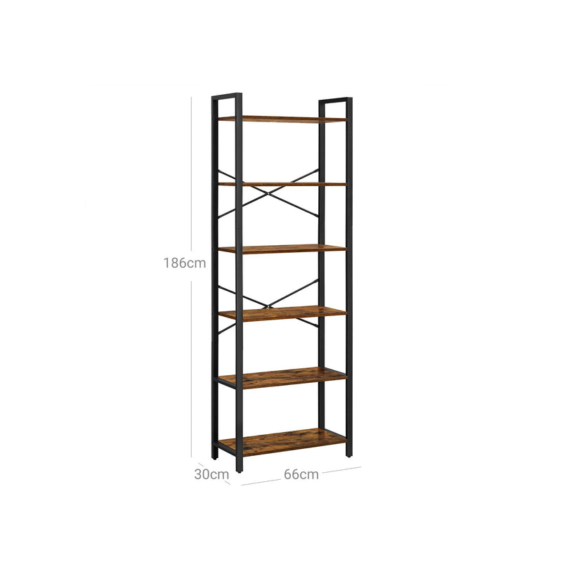 Biblioteca, Unitate de rafturi cu 6 etaje cu cadru din otel, Rafturi rustice pentru camera de zi, birou, studiu, hol, Stil industrial, 66 x 30 x 186 cm, Maro rustic si Negru, VASAGLE