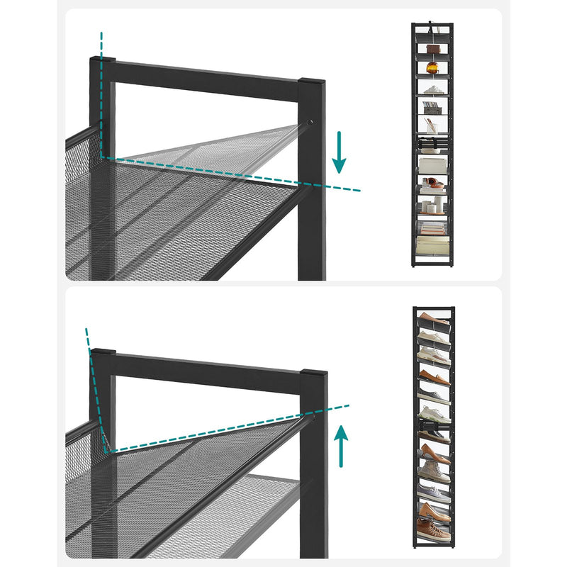 Suport pentru Pantofi cu 12 Etaje, Set de 2 Organizatoare cu 6 Etaje pentru Pantofi, 48-60 de Perechi de Pantofi, Capacitate Mare, Rafturi Metalice pentru Pantofi cu Ajustare Plata sau inclinata, Negru SONGMICS