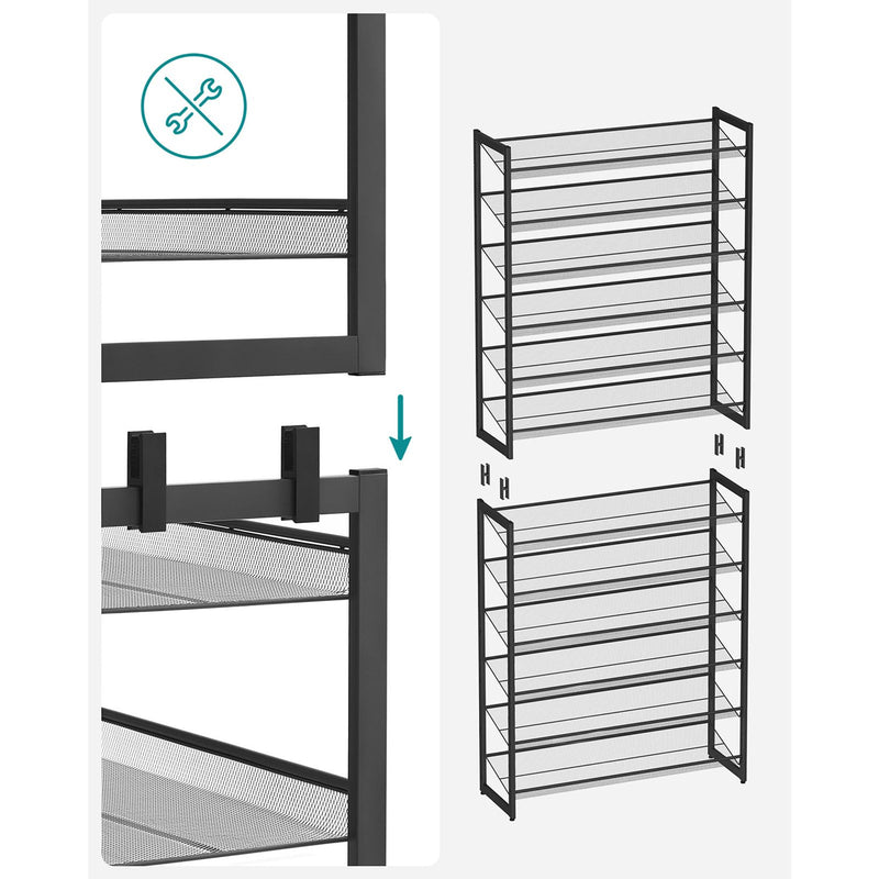 Suport pentru Pantofi cu 12 Etaje, Set de 2 Organizatoare cu 6 Etaje pentru Pantofi, 48-60 de Perechi de Pantofi, Capacitate Mare, Rafturi Metalice pentru Pantofi cu Ajustare Plata sau inclinata, Negru SONGMICS