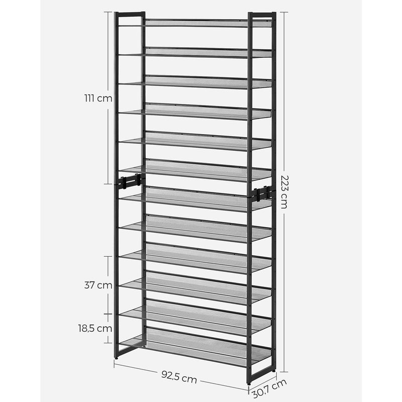 Suport pentru Pantofi cu 12 Etaje, Set de 2 Organizatoare cu 6 Etaje pentru Pantofi, 48-60 de Perechi de Pantofi, Capacitate Mare, Rafturi Metalice pentru Pantofi cu Ajustare Plata sau inclinata, Negru SONGMICS