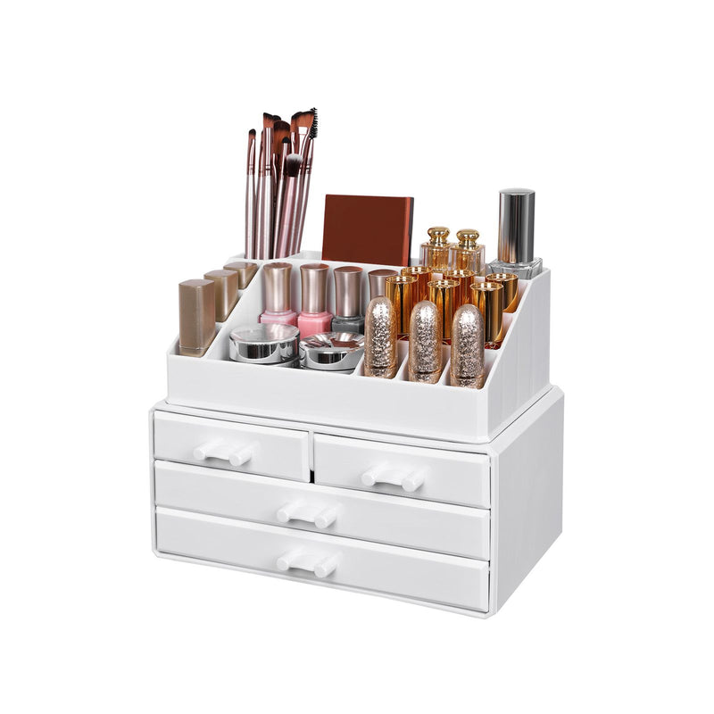 Organizator Cosmetice, Suport de Depozitare pentru Machiaj cu 4 Sertare si 16 Compartimente de Dimensiuni Diferite, Pernite Antiderapante, pentru Machiaj si Accesorii de Bijuterii, Alb SONGMICS