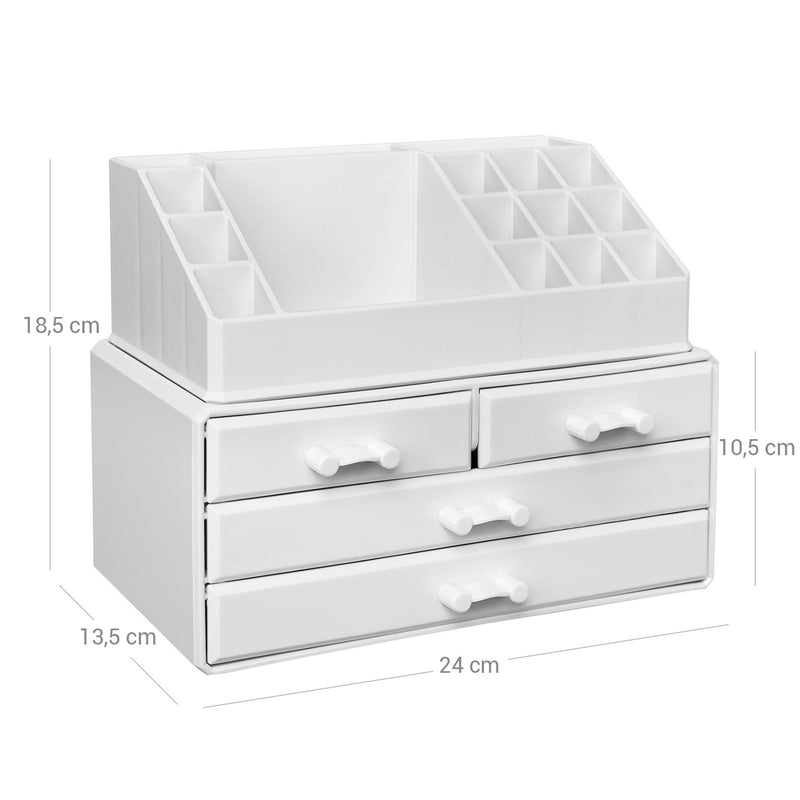 Organizator Cosmetice, Suport de Depozitare pentru Machiaj cu 4 Sertare si 16 Compartimente de Dimensiuni Diferite, Pernite Antiderapante, pentru Machiaj si Accesorii de Bijuterii, Alb SONGMICS