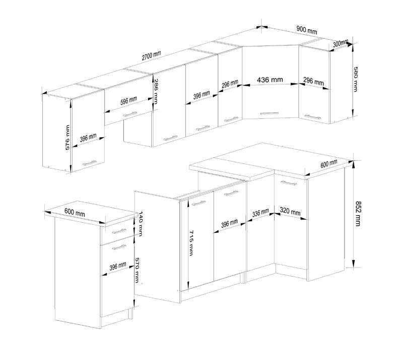 Set mobilier de bucatarie cu colt Oliwia 3M alb- gri beton