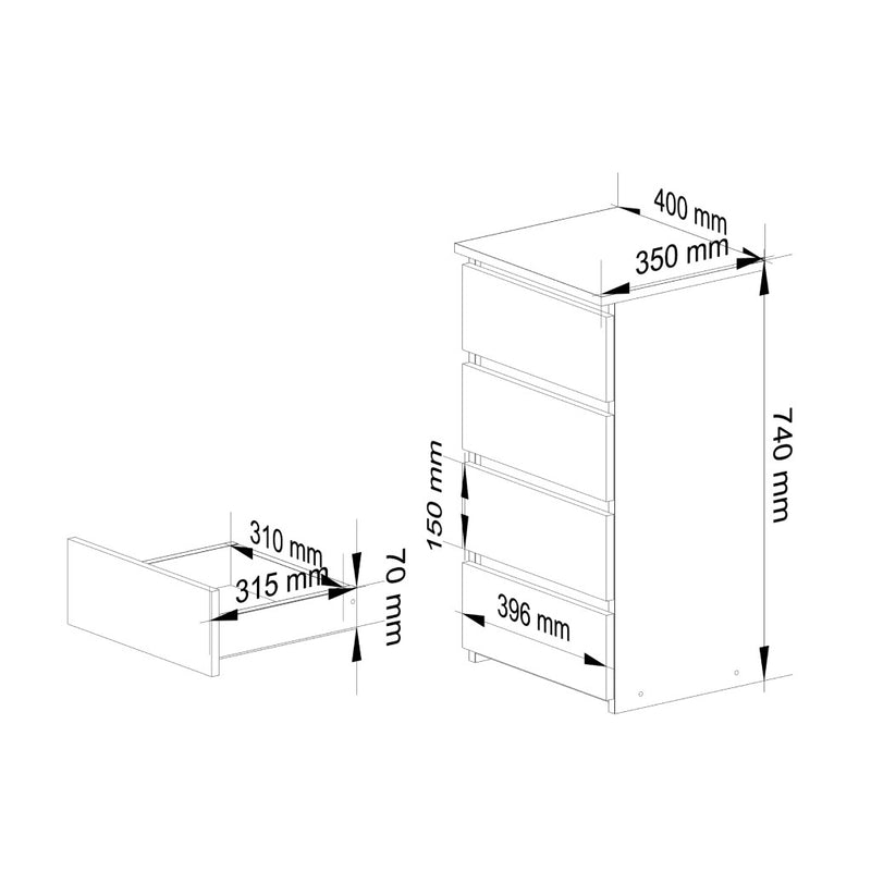 Comoda CL4 cu 4 sertare alb 74 x 40 x 35 cm