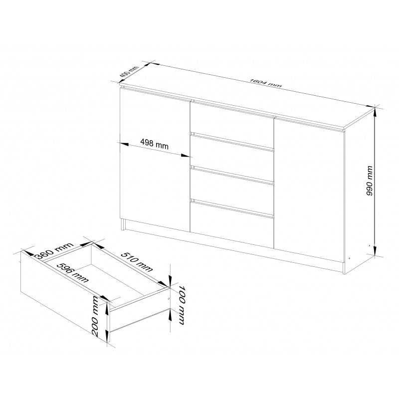 Comoda K160 cu 4 sertare stejar craft 99 x 160 x 40 cm