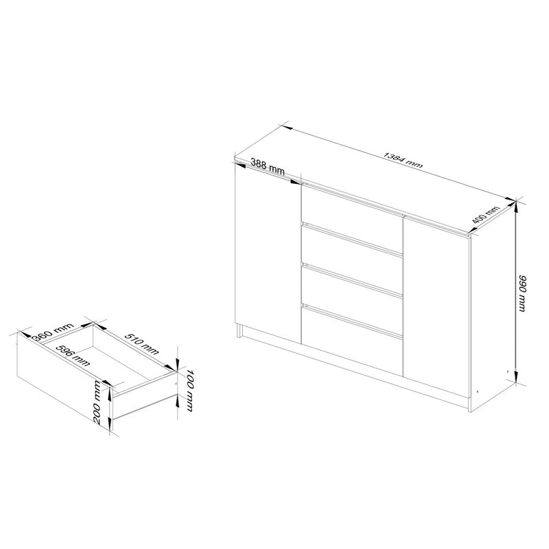 Comoda k140 cu 4 sertare 2 usi alb 138 x 99 x 40 cm