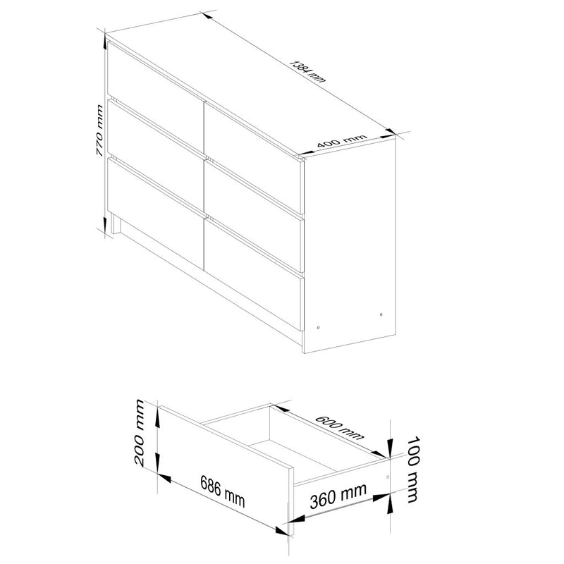 Comoda k140 cu 6 sertare 138 x 77 x 40 cm stejar - alb