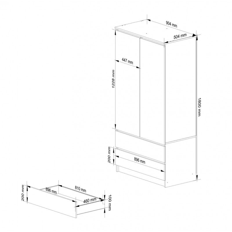 Dulap haine cu 2 usi si 2 sertare, stejar craft, 180 x 90 x 51 cm