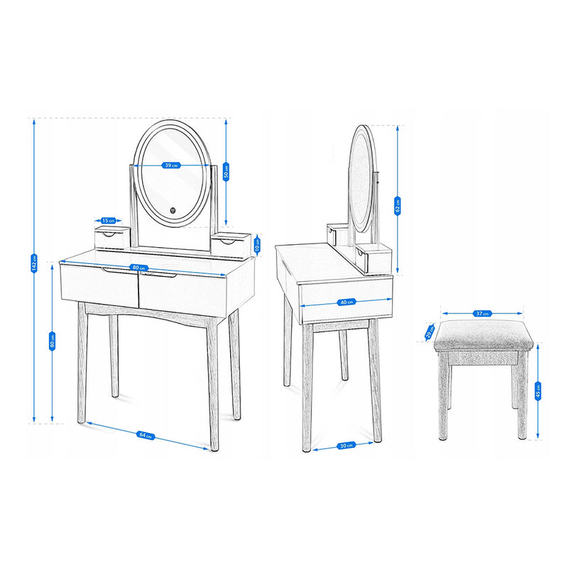 Masa de toaleta machiaj cu taburet si oglinda ovala cu LED - alb/ lemn