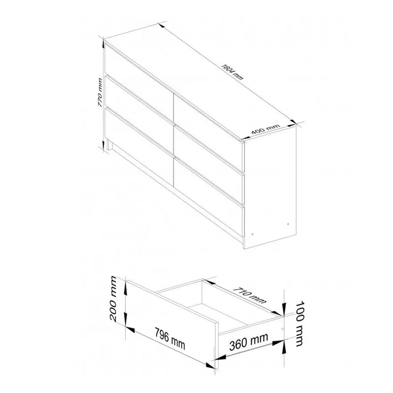 Comoda cu 6 sertare 160 x 77 x 40 cm alb - gri grafit