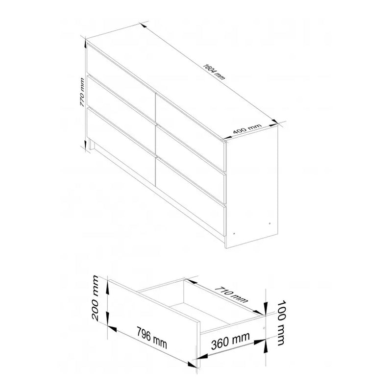 Comoda cu 6 sertare 160 x 77 x 40 cm alb