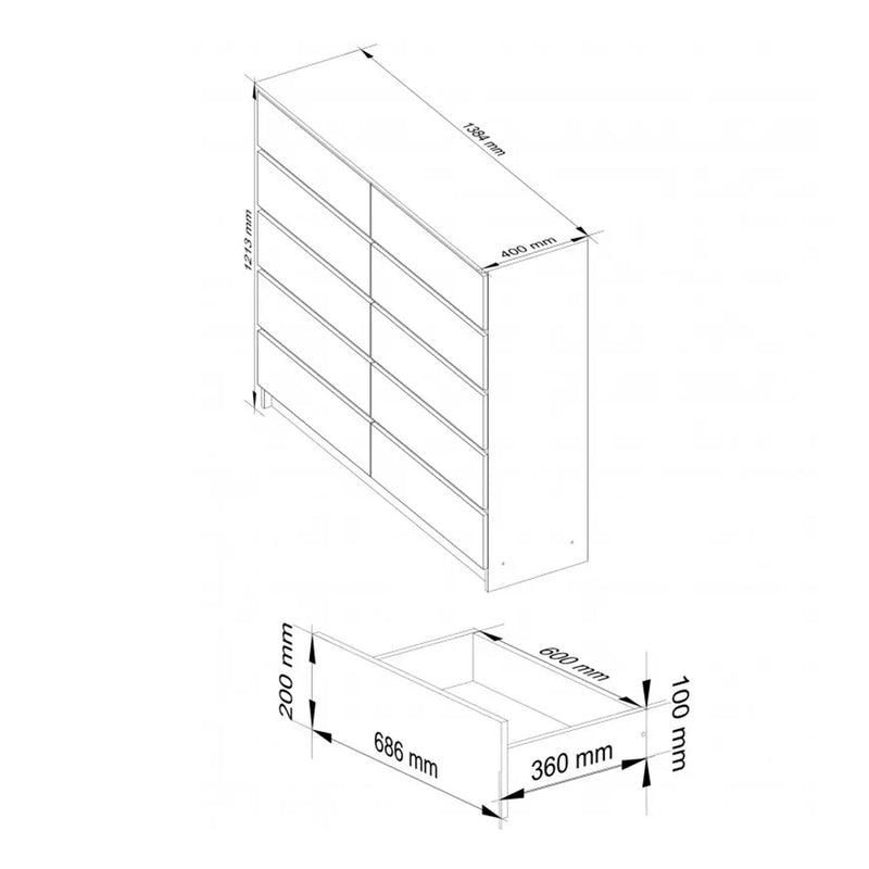 Comoda 10 sertare 138 x 121 x 40 cm alb