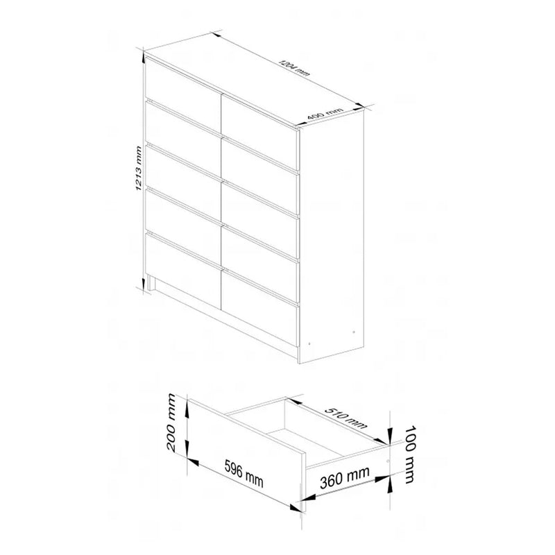 Comoda 10 sertare 120 x 121 x 40 cm alb - gri lucios