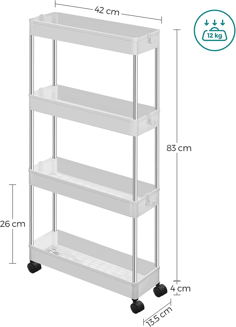Carucior organizator mobil cu 4 rafturi, pentru spatii mici, bucatarie, baie, 42 x 13.5 x 87 cm alb
