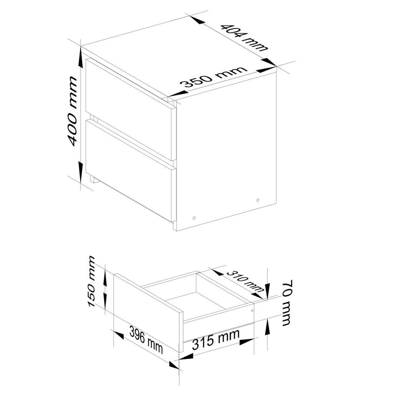 Noptiera cu 2 sertare 40 x 35 x 40 cm alb, negru