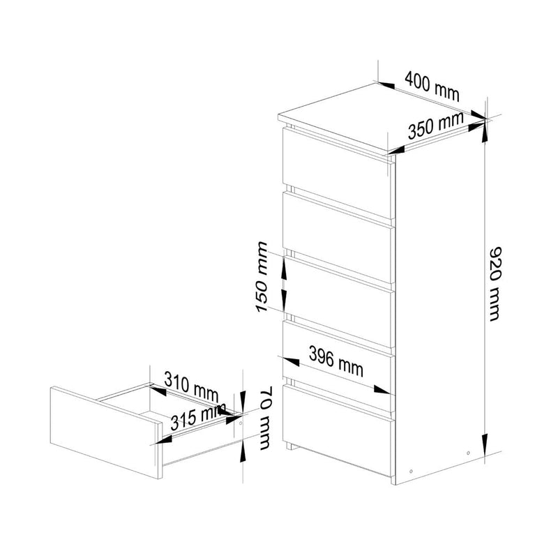 Noptiera cu 5 sertare 40 x 92 x 35 alb, stejar