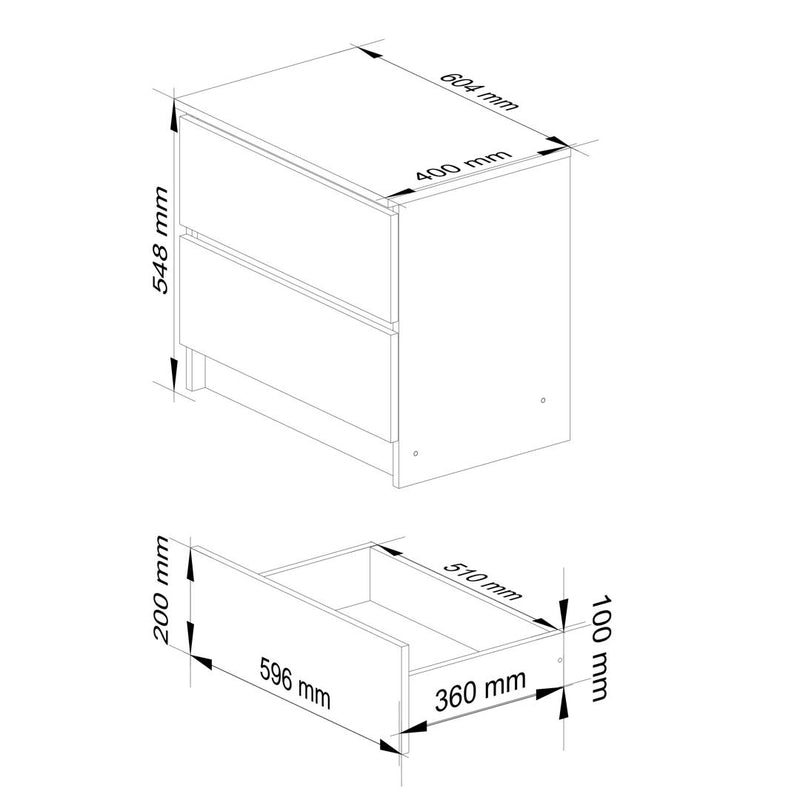 Noptiera cu 2 sertare 60 x 55 x 40 cm alb, negru