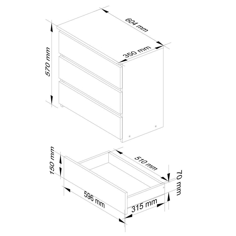 Noptiera cu 3 sertare 60 x 35 x 57 cm alb, gri lucios