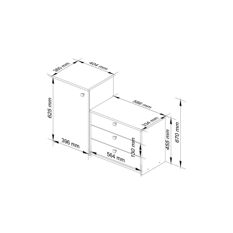 Pantofar cu 1 usa si 3 sertare 98.4 x 68-43 x 33 cm arin