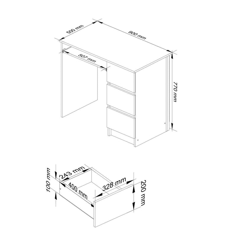 Birou calculator cu 3 sertare 90 x 77 x 50 cm alb, capuccino