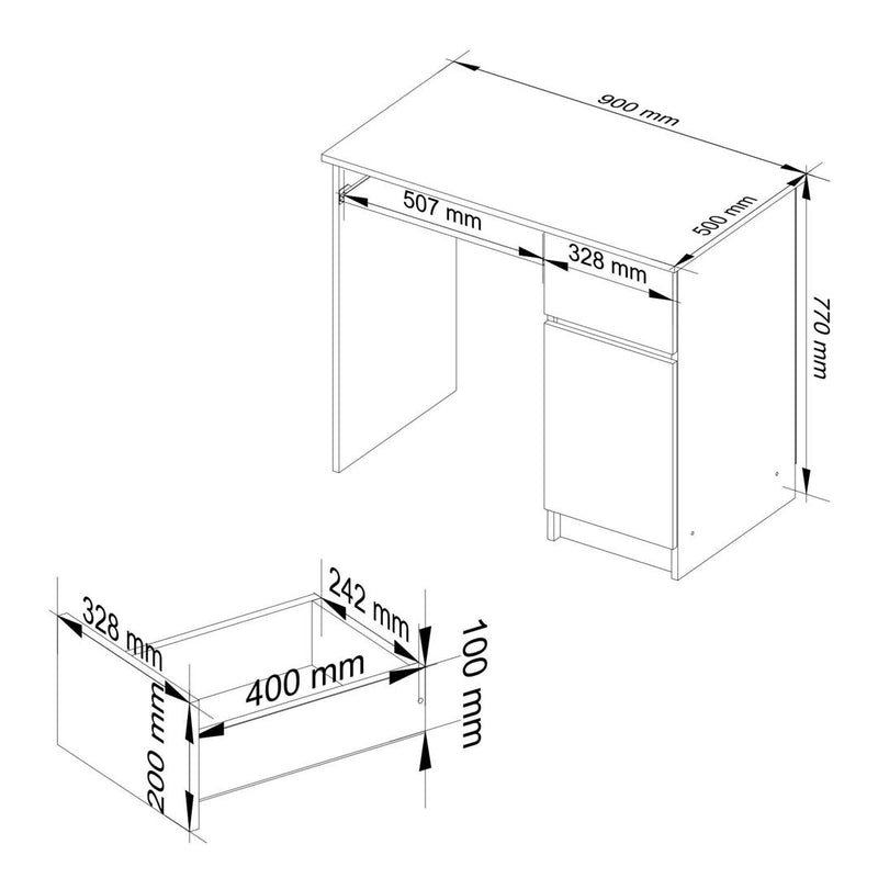 Birou calculator cu 1 usa 1 sertar si suport pentru tastatura 90 x 77 x 50 cm alb