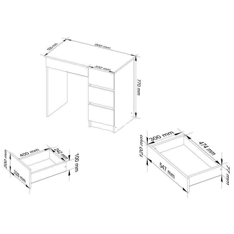 Birou calculator  dreapta cu 3 sertare si suport pentru tastatura 90 x 77 x 50 cm alb, negru lucios