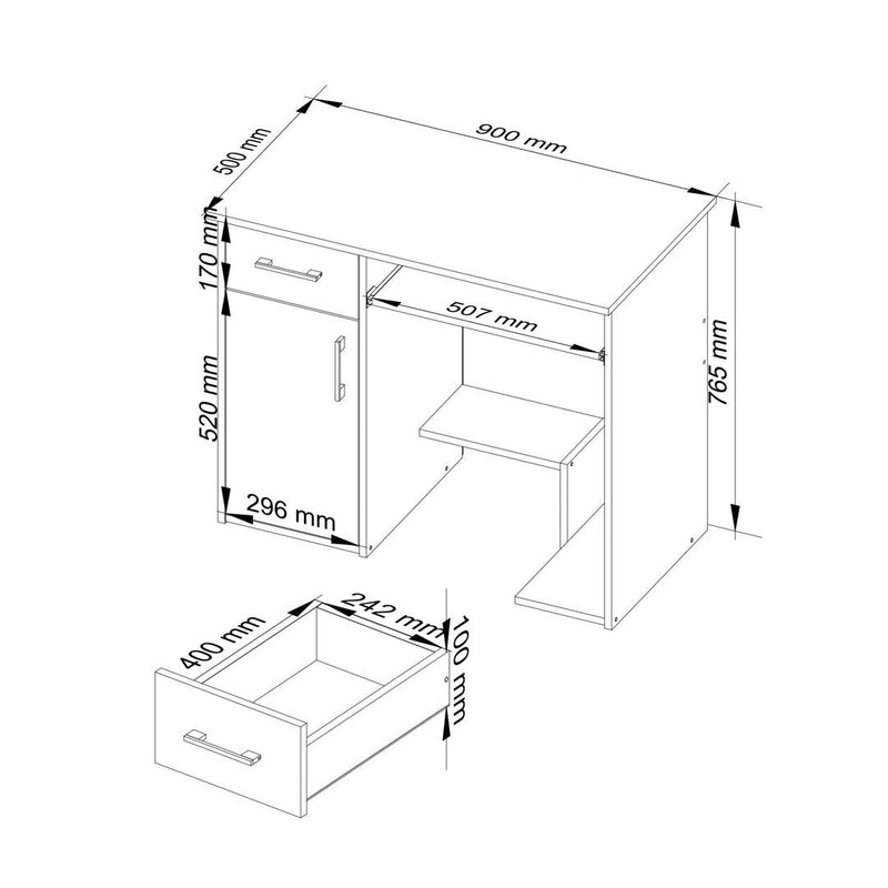 Birou calculator Jay cu 1 usa si 1 sertar 90 x 74 x 50 cm alb, gri