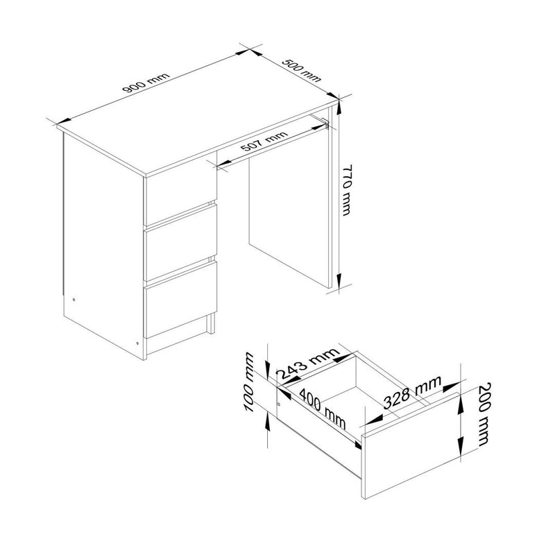 Birou calculator stanga cu 3 sertare si suport pentru tastatura 90 x 77 x 50 cm alb, alb lucios