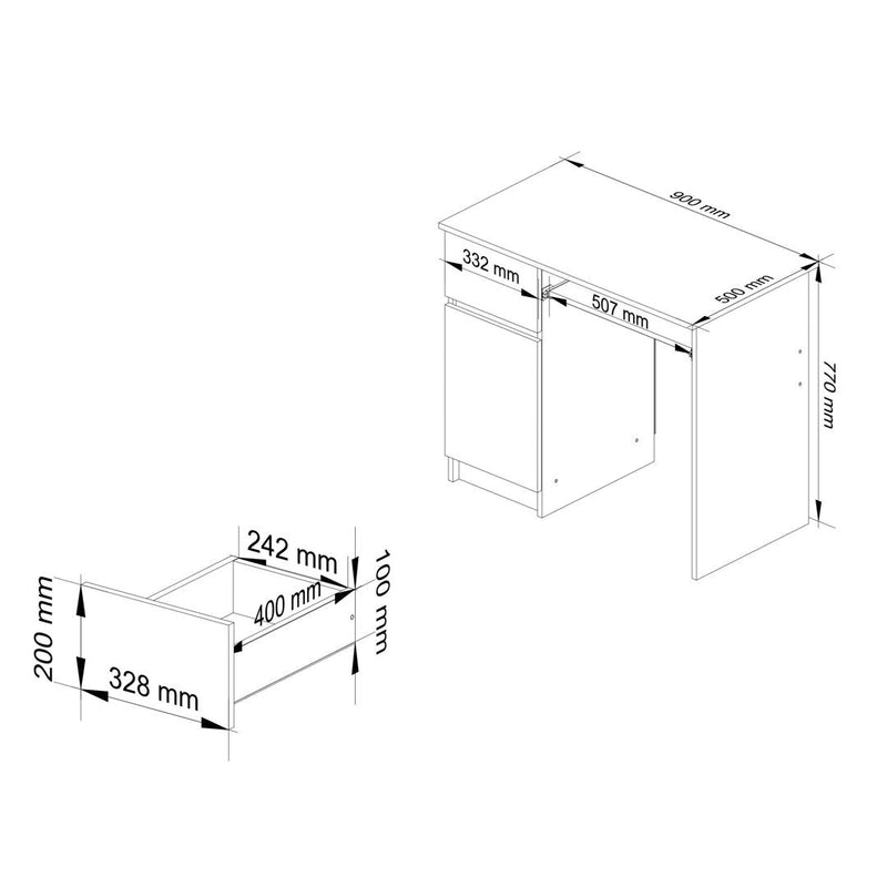 Birou calculator stanga Piksel cu 1 usa 1 sertar si suport pentru tastatura 90 x 77 x 50 cm alb, alb lucios