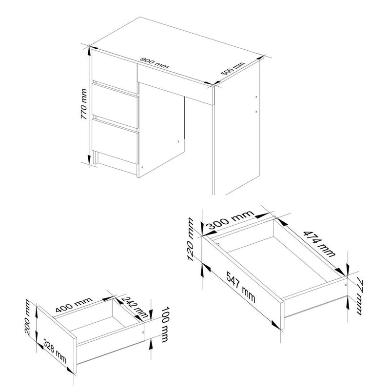 Birou calculator stanga cu 4 sertare A-7 90 x 77 x 50 cm alb, alb lucios