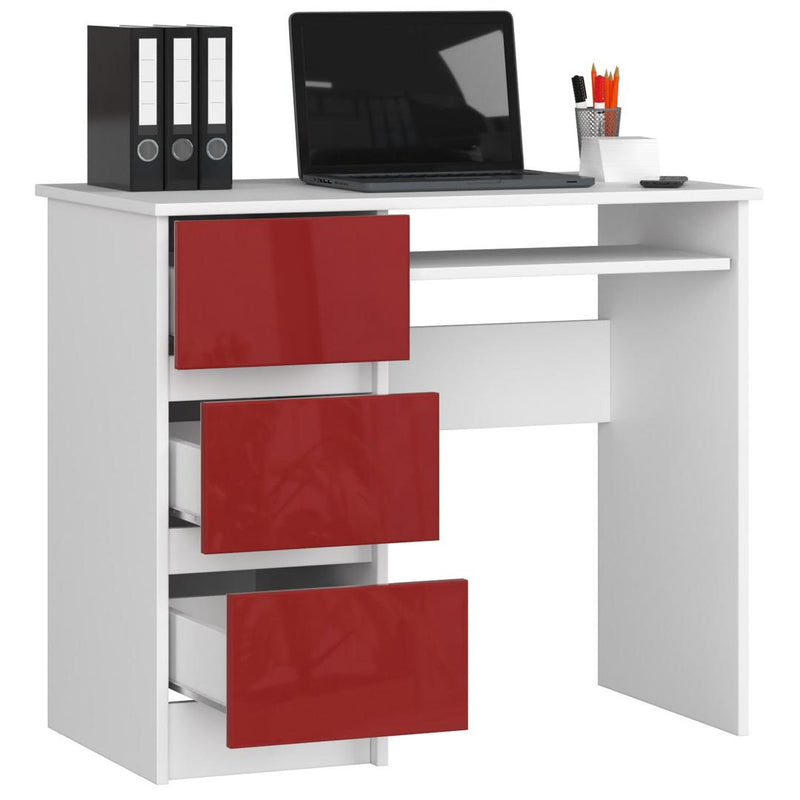 Birou calculator stanga cu 3 sertare si suport pentru tastatura 90 x 77 x 50 cm alb, rosu lucios