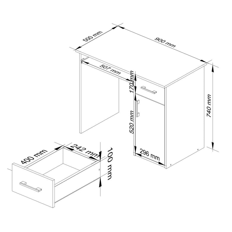 Birou de calculator dreapta cu 1 usa, 1 sertar si suport pentru tastatura 90 x 74 x 50 cm alb, alb lucios