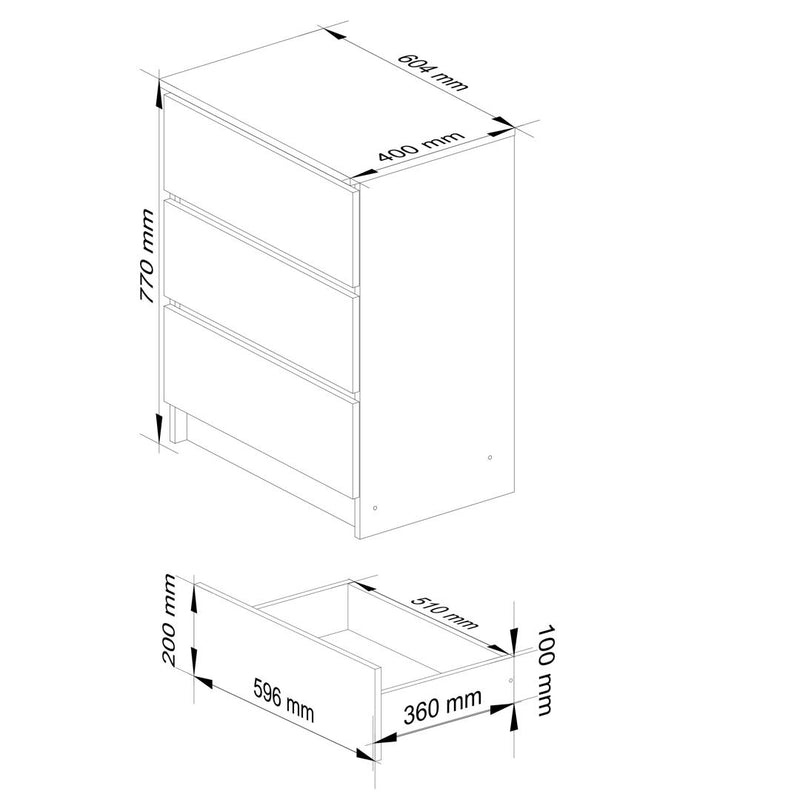 Comoda cu 3 sertare 60 x 77 x 40 cm alb lucios