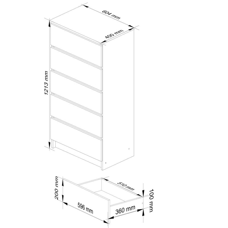 Comoda cu 5 sertare 60 x 121 x 40 cm alb, capuccino