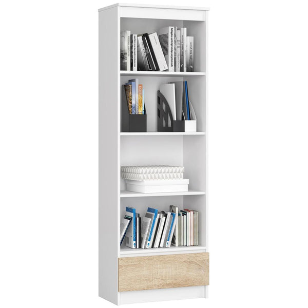 Biblioteca cu 1 sertar 4 rafturi 60 x 180 x 35 alb, stejar