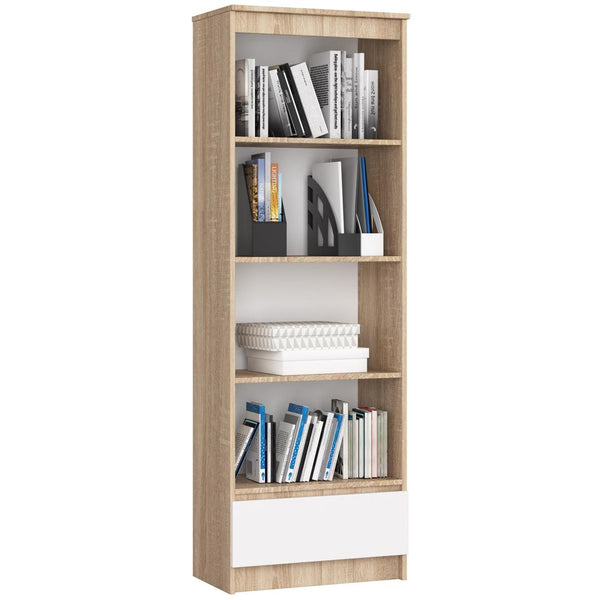 Biblioteca cu 1 sertar 4 rafturi 60 x 180 x 35 alb, stejar