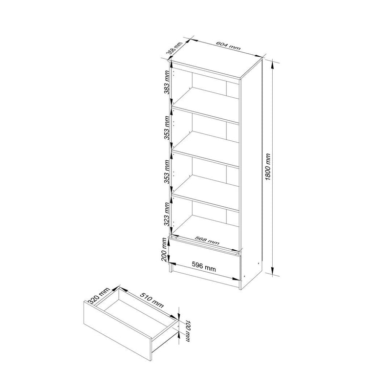 Dulap biblioteca cu 4 rafturi si 1 sertar 60 x 180 x 35 cm alb, wenge