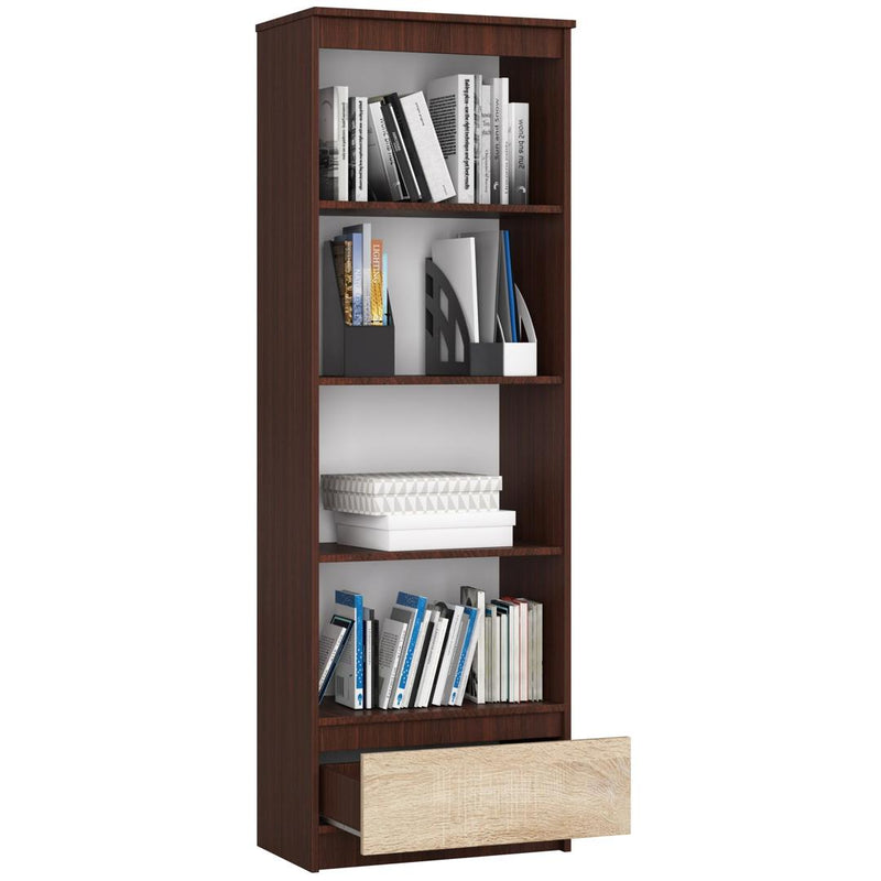 Dulap biblioteca cu 4 rafturi si 1 sertar 60 x 35 x 180 cm wenge, sonoma