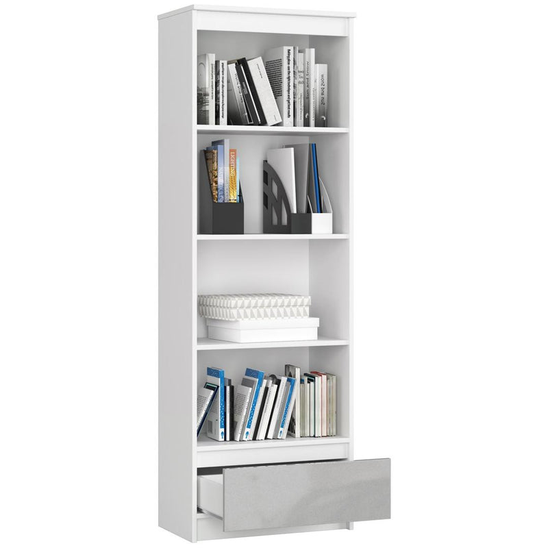 Dulap biblioteca cu 4 rafturi si 1 sertar 60 x 35 x 180 cm alb, gri lucios