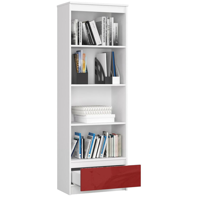 Dulap biblioteca cu 4 rafturi si 1 sertar 60 x 35 x 180 cm alb, rosu