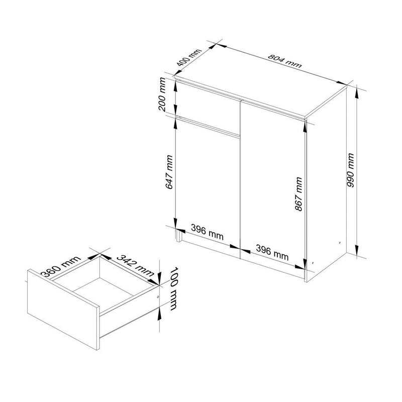 Comoda cu 2 usi si 1 sertar 80 x 99 x 40 cm alb, negru lucios