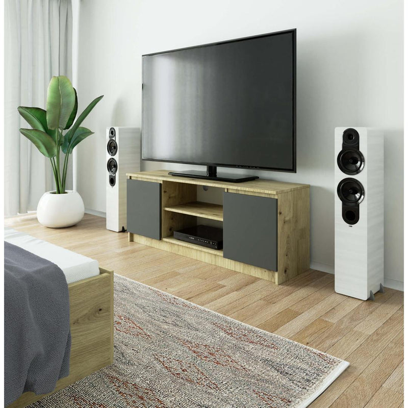 Comoda TV cu 2 usi si 2 rafturi 140 x 55 x 40 cm stejar, gri