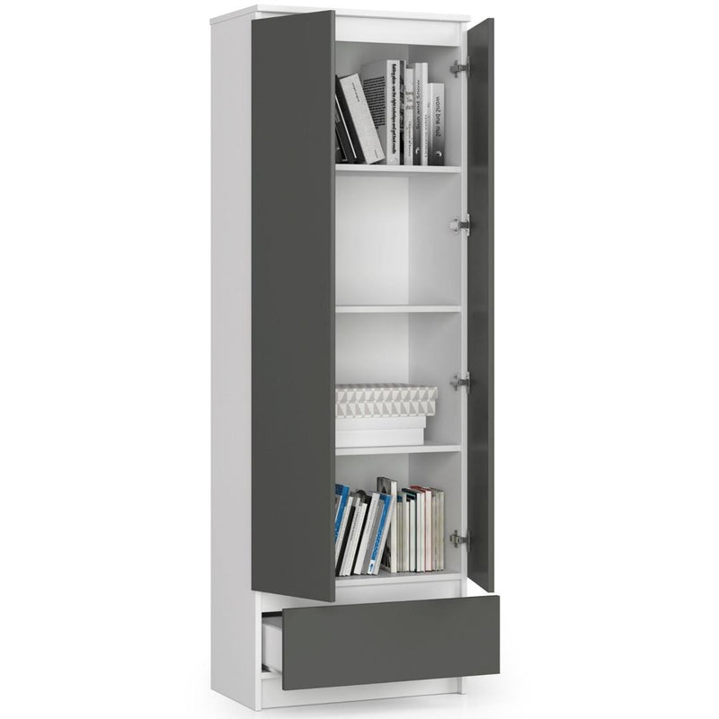 Dulap biblioteca cu 2 usi 1 sertar si 4 rafturi 60 x 180 x 35 cm alb, gri